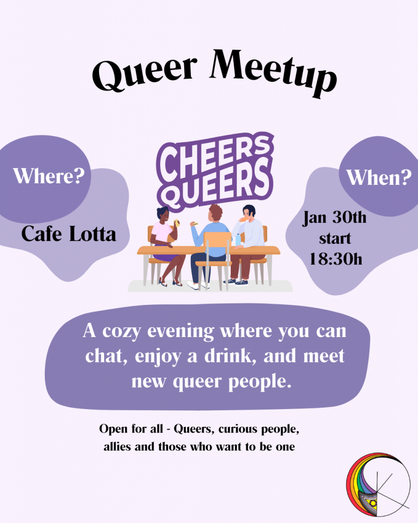 You can find the whole text from this slide in the Caption below the german caption. In the middle of the slide are three people sitting at a table. They are eating and drinking. Above their heads is the slogan "cheers queers"